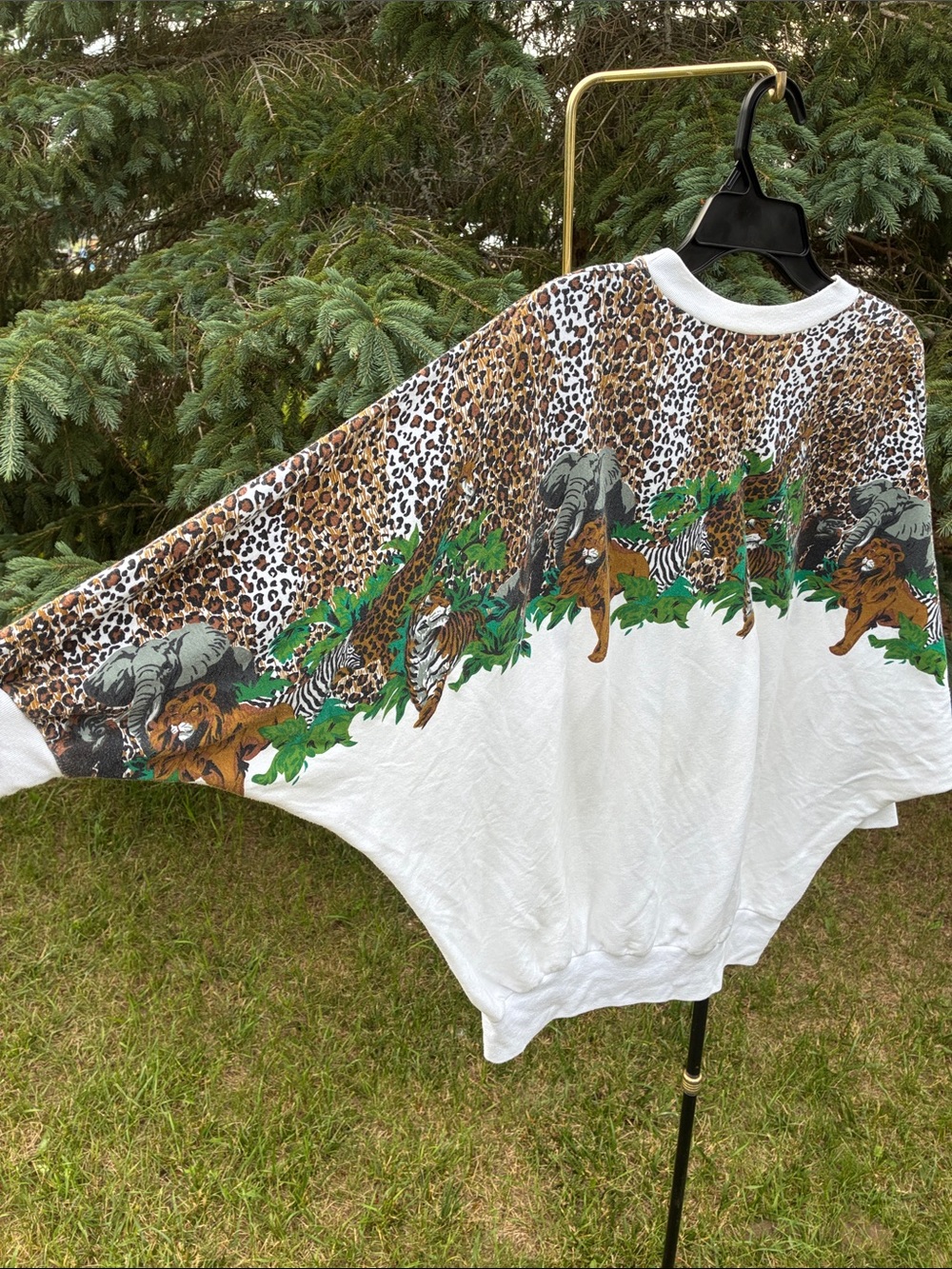 VTG Animal Safari Jungle Print Made in USA Top Sweatshirt 3/4 Sleeve FLAW